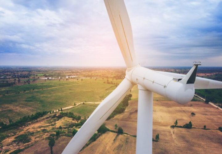 Wind turbine from aerial view. Sustainable development, environment friendly concept. Wind turbine give renewable energy, sustainable energy, alternative energy. Wind sustainability energy.