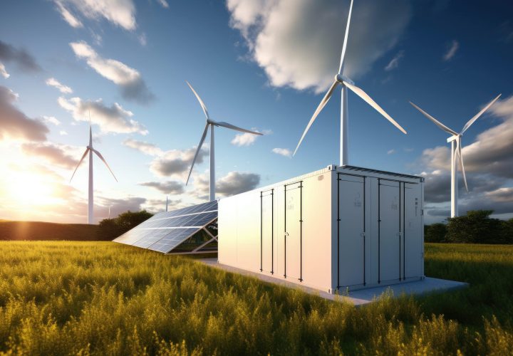 Wind turbines in the field against blue sky with clouds 3d rendering, Conceptual image of a modern battery energy storage system with wind turbines and solar, AI Generated